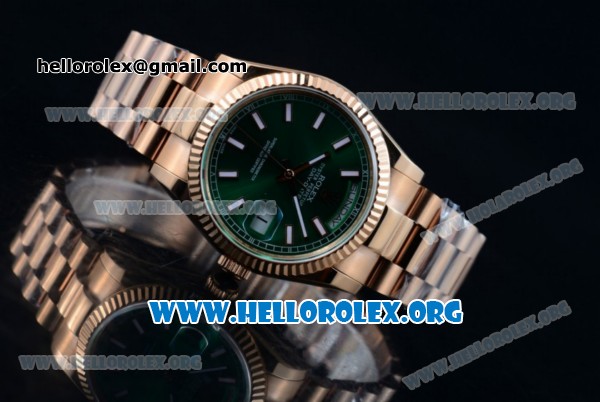 Rolex Day-Date Swiss ETA 2836 Automatic Rose Gold Case with Green Dial Stick Markers and Rose Gold Bracelet (BP) - Click Image to Close