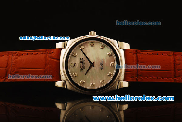 Rolex Cellini Swiss Quartz Steel Case with White MOP Dial and Brown Leather Strap-Diamond Markers - Click Image to Close