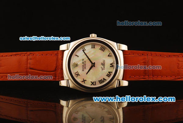 Rolex Cellini Swiss Quartz Steel Case with White MOP Dial and Brown Leather Strap-Roman Markers - Click Image to Close