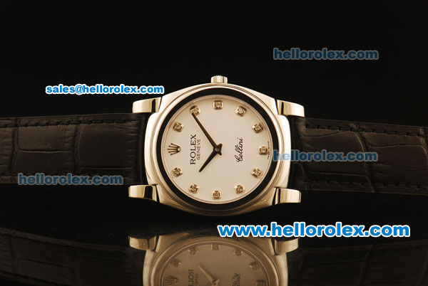 Rolex Cellini Swiss Quartz Steel Case with White Dial and Black Leather Strap-Diamond Markers - Click Image to Close