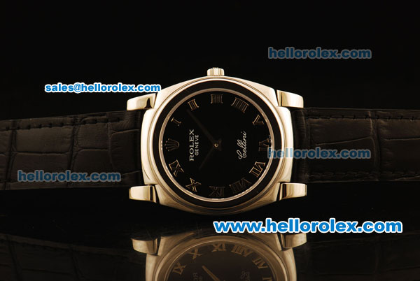 Rolex Cellini Swiss Quartz Steel Case with Black Dial and Black Leather Strap-Roman Markers - Click Image to Close