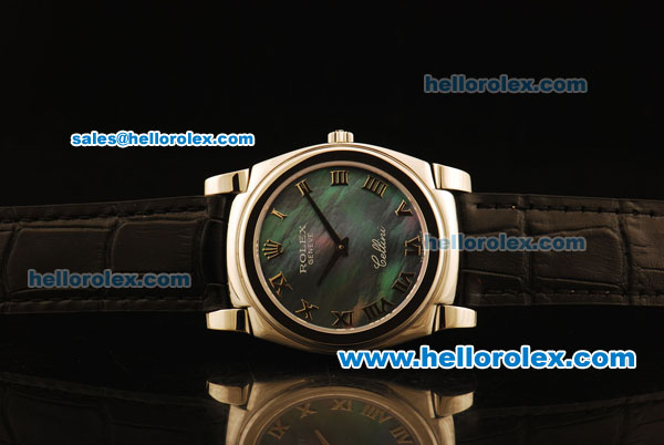 Rolex Cellini Swiss Quartz Steel Case with Green MOP Dial and Black Leather Strap-Roman Markers - Click Image to Close