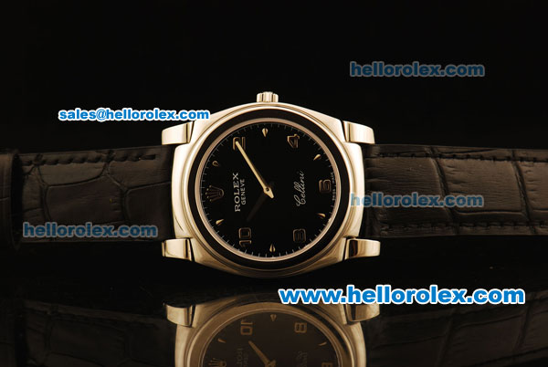 Rolex Cellini Swiss Quartz Steel Case with Black Dial and Black Leather Strap-Numeral Markers - Click Image to Close