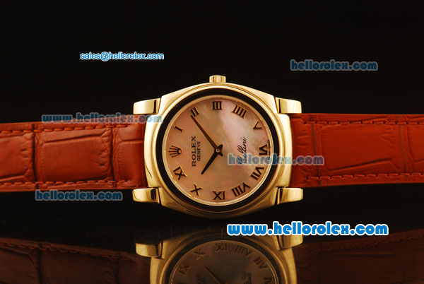 Rolex Cellini Swiss Quartz Yellow Gold Case with Pink MOP Dial and Brown Leather Strap-Roman Markers - Click Image to Close