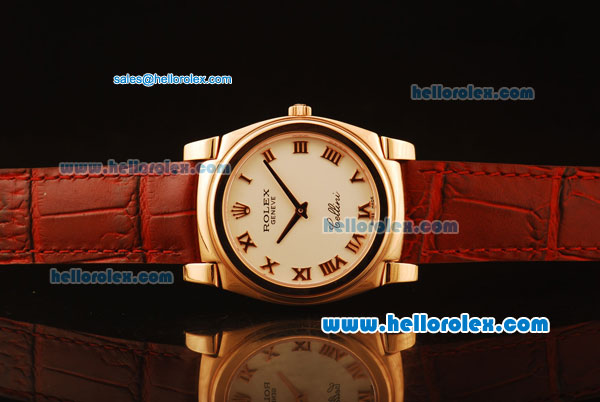 Rolex Cellini Swiss Quartz Rose Gold Case with White Dial and Brown Leather Strap-Roman Markers - Click Image to Close