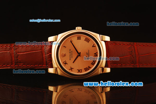 Rolex Cellini Swiss Quartz Rose Gold Case with Rose Gold Dial and Brown Leather Strap-Roman Markers - Click Image to Close