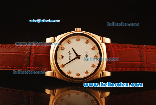 Rolex Cellini Swiss Quartz Rose Gold Case with White Dial and Brown Leather Strap-Diamond Markers - Click Image to Close