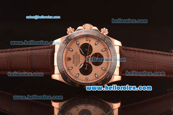 Rolex Daytona Automatic Full Rose Gold with PVD Bezel and Brown Leather Strap-7750 Coating - Click Image to Close