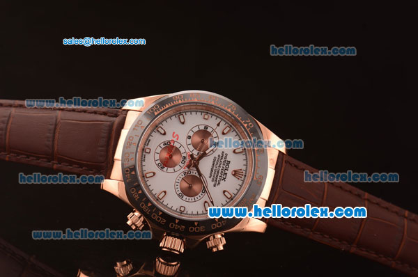 Rolex Daytona Automatic Full Rose Gold with PVD Bezel and White Dial-Brown Leather Strap - Click Image to Close