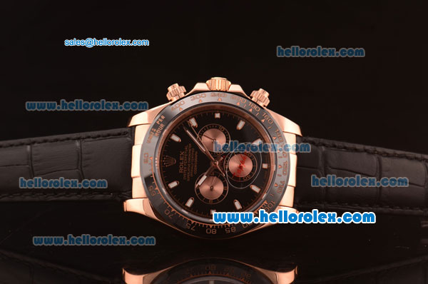 Rolex Daytona Automatic Full Rose Gold with PVD Bezel and Black Leather Strap-7750 Coating - Click Image to Close