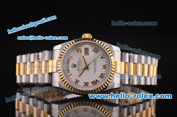 Rolex Day-Date Swiss ETA 2836 Automatic Two Tone Case with White Dial and Roman Markers - Click Image to Close