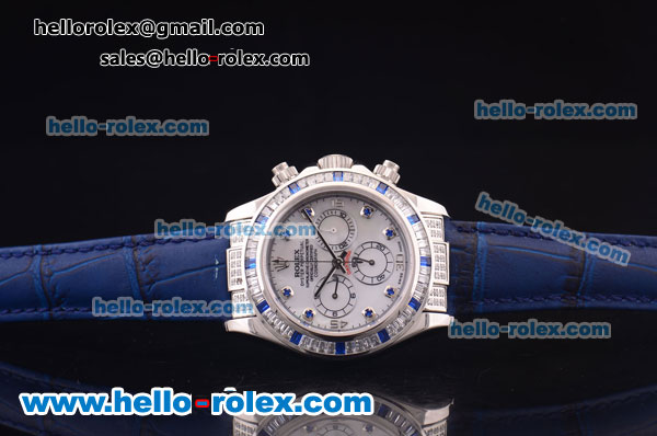 Rolex Daytona Chronograph Swiss Valjoux 7750 Automatic Steel Case with Diamond Bezel and White Dial-Blue Leather Strap - Click Image to Close