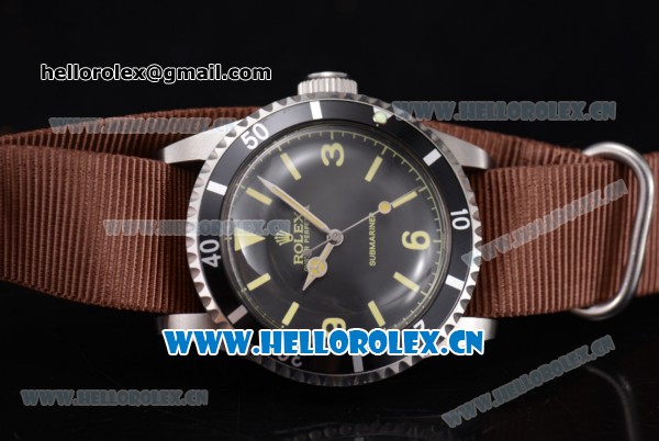 Rolex Submariner Vintage Asia 2813 Automatic Steel Case with Black Dial Stick/Arabic Number Markers and Brown Nylon Strap - Click Image to Close