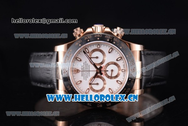 Rolex Daytona Clone Rolex 4130 Automatic Rose Gold Case with White Dial Black Leather Strap and Stick Markers (EF) - Click Image to Close