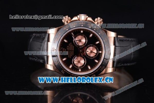 Rolex Daytona Clone Rolex 4130 Automatic Rose Gold Case with Black Black Leather Strap and Stick Markers - 1:1 Original (EF) - Click Image to Close