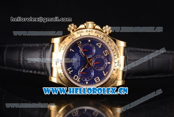 Rolex Cosmograph Daytona Clone Rolex 4130 Automatic Yellow Gold Case with Blue Dial Arabic Numeral Markers and Black Leather Strap (EF) - Click Image to Close