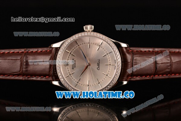 Rolex Cellini Asia Automatic Steel Case with Silver Dial Stick Markers and Brown Leather Strap - Diamonds Bezel (BP) - Click Image to Close