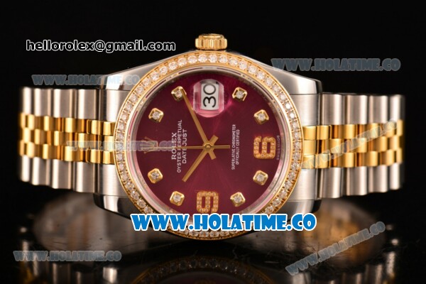 Rolex Datejust Asia Automatic Yellow Gold/Steel Case with Diamonds Bezel Rose Red Dial and Diamonds Markers (BP) - Click Image to Close