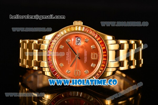 Rolex Datejust Pearlmaster Asia 2813 Automatic Full Yellow Gold with Orange Dial and Diamonds Markers - Rainbow Diamoand Bezel (BP) - Click Image to Close