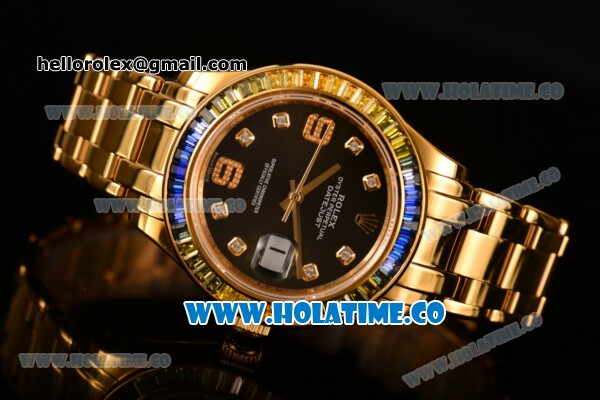 Rolex Datejust Pearlmaster Asia 2813 Automatic Full Yellow Gold with Black Dial and Diamonds Markers - Rainbow Diamoand Bezel (BP) - Click Image to Close