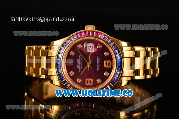 Rolex Datejust Pearlmaster Asia 2813 Automatic Full Yellow Gold with Purple Dial and Diamonds Markers - Rainbow Diamoand Bezel (BP) - Click Image to Close