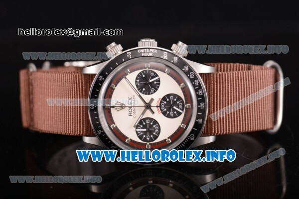 Rolex Daytona Vintage Edition Miyota Quartz Steel Case with White Dial Silver and Brown Nylon Strap (GF) - Click Image to Close