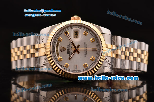 Rolex Day-Date Swiss ETA 2836 Automatic Two Tone Case with Gold Bezel Diamond Bezel and Silver Dial - Click Image to Close