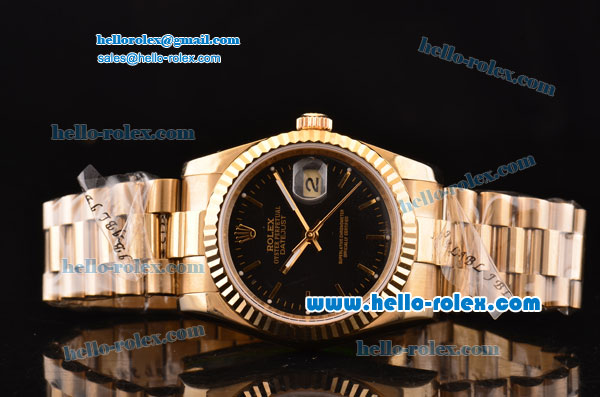 Rolex Datejust Swiss ETA 2836 Automatic Yellow Gold Case with Stick Markers and Black Dial - Click Image to Close