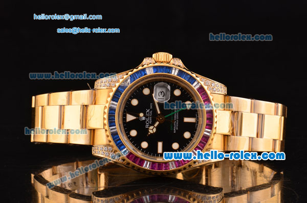 Rolex GMT-Master II Swiss ETA 2836 Automatic Gold Case with Colorful Diamond Bezel Black Dial and Yellow Gold Strap - Click Image to Close