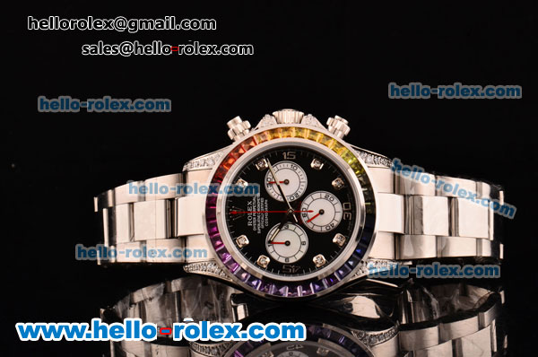 Rolex Daytona Rainbow Chrono Swiss Valjoux 7750-SHG Automatic Steel Case with Diamond Bezel Black Markers and Diamond Markers - Click Image to Close