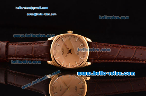 Rolex Cellini Danaos Swiss Quartz Yellow Gold Case with Brown Leather Strap Gold Dial Stick Markers - Click Image to Close