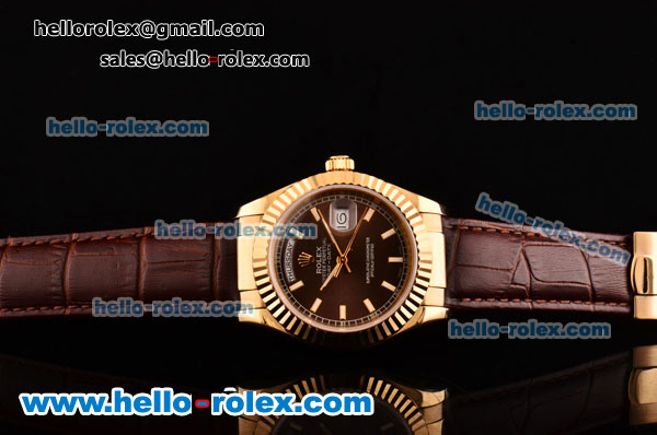 Rolex Day-Date Asia 2813 Automatic Yellow Gold Case with Brown Leather Strap Stick Markers and Brown Dial - Click Image to Close