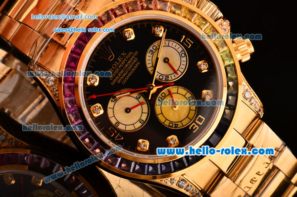 Rolex Daytona Rainbow Chrono Swiss Valjoux 7750-SHG Automatic Yellow Gold Case/Strap with Colorful Diamond Bezel and Black Dial - Click Image to Close