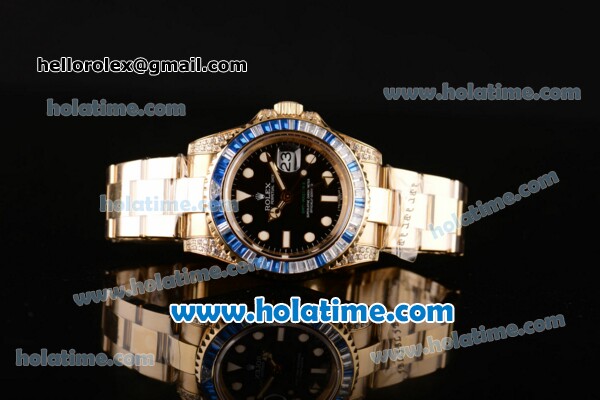 Rolex GMT Master II Asia 2813 Automatic Yellow Gold/Diamond Case with White Dot Markers and Diamond Bezel - ETA Coating - Click Image to Close