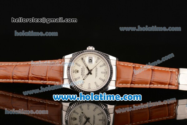 Rolex Datejust Swiss ETA 2836 Automatic Steel Case with White Dial and Brown Leather Strap - Click Image to Close