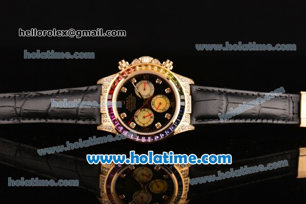 Rolex Daytona Rainbow Asia 3836 Automatic Yellow/Diamond Case with Black Leather Strap Colorful Diamond Bezel and Black Dial (BP) - Click Image to Close