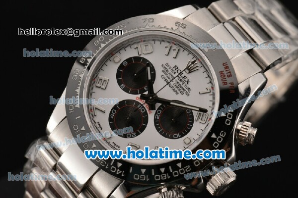 Rolex Daytona Chrono Swiss Valjoux 7750 Automatic Steel Case with Black Bezel White Dial and Arabic Numeral Markers - Click Image to Close
