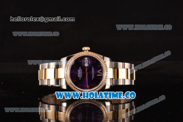 Rolex Datejust Asia 2813 Automatic Yellow Gold/Steel Case with Purple Dial Roman Numeral Markers and Diamonds Bezel (BP) - Click Image to Close