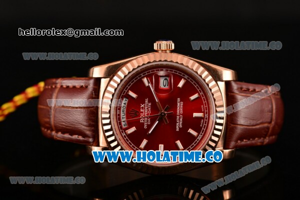 Rolex Day-Date Asia 2813 Automatic Rose Gold Case with Red Dial Stick Markers and Brown Leather Strap - Click Image to Close