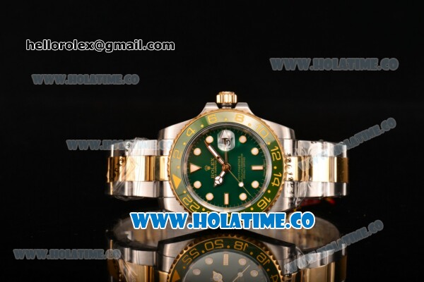 Rolex GMT-Master II Oyster Perpetual Automatic Two Tone with Green Bezel, Green Dial and White Round Bearl Marking-Small Calendar - Click Image to Close