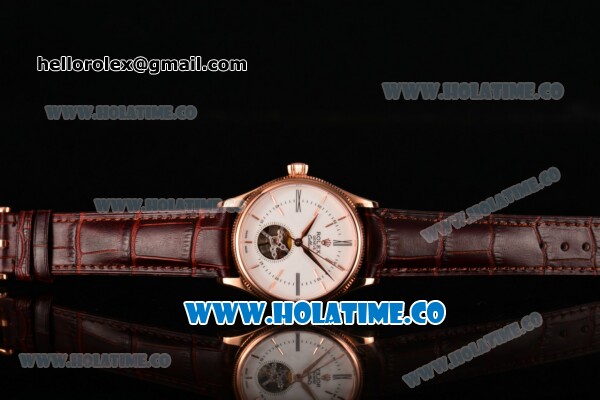 Rolex Cellini Tourbillon Swiss ETA 2824 Automatic Rose Gold Case with Roman Numreal/Stick Markers Brown Leather Strap and White Dial - Click Image to Close