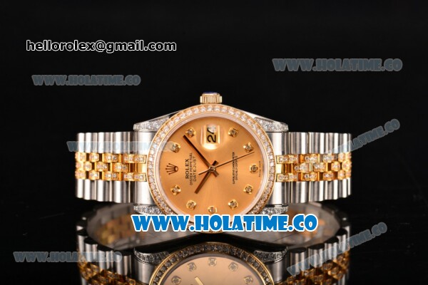 Rolex Datejust Swiss ETA 2836 Automatic Two Tone Case with Diamonds Bezel Gold Dial and Diamonds Markers (BP) - Click Image to Close