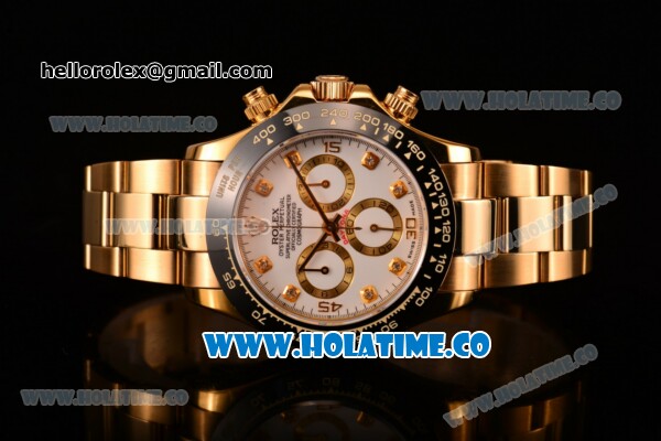 Rolex Daytona Chrono Swiss Valjoux 7750 Automatic Yellow Gold Case/Bracelet with Diamonds Markers White Dial and Ceramic Bezel (BP) - Click Image to Close