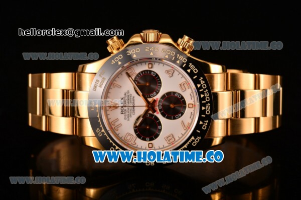 Rolex Daytona Chrono Swiss Valjoux 7750 Automatic Yellow Gold Case/Bracelet with Arabic Numeral Markers Ceramic Bezel and White Dial (BP) - Click Image to Close