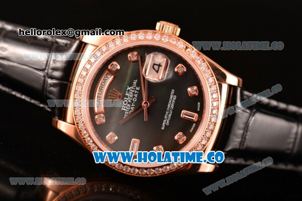 Rolex Day-Date Asia Automatic Rose Gold Case with Diamonds Markers Black MOP Dial - Diamonds Bezel (BP) - Click Image to Close