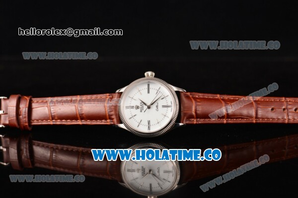 Rolex Cellini Time Asia 2813 Automatic Steel Case with White Dial Brown Leather Strap and Stick/Roman Numeral Markers - Click Image to Close