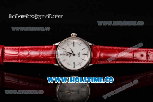 Rolex Cellini Time Asia 2813 Automatic Steel Case with White Dial Red Leather Strap and Stick/Roman Numeral Markers - Click Image to Close