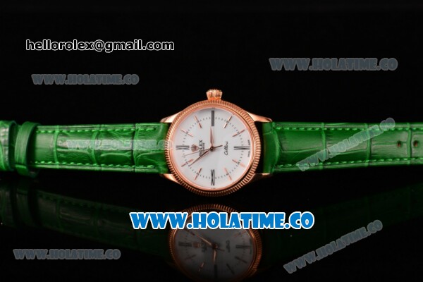 Rolex Cellini Time Asia 2813 Automatic Rose Gold Case with White Dial Green Leather Strap and Stick/Roman Numeral Markers - Click Image to Close