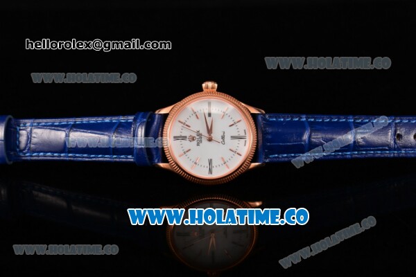 Rolex Cellini Time Asia 2813 Automatic Rose Gold Case with White Dial Blue Leather Strap and Stick/Roman Numeral Markers - Click Image to Close