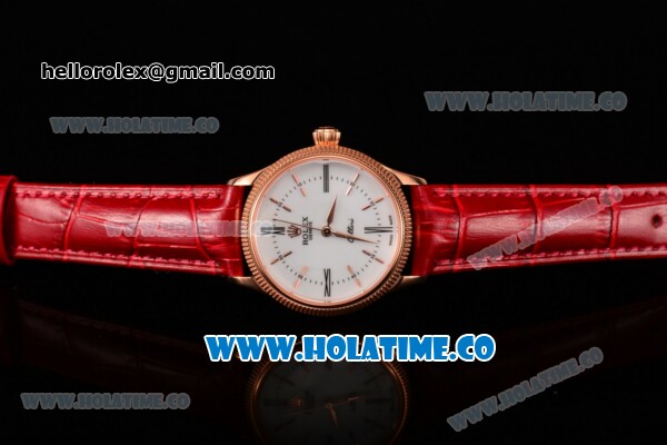 Rolex Cellini Time Asia 2813 Automatic Rose Gold Case with White Dial Red Leather Strap and Stick/Roman Numeral Markers - Click Image to Close